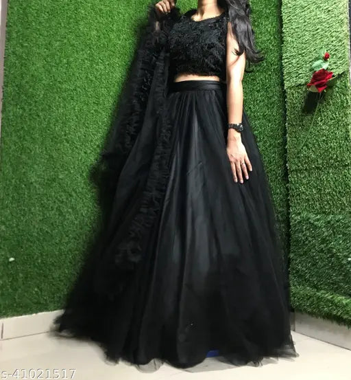 Jute silk lehenga with net bottomwear and dupatta, semi-stitched in black, perfect for Indian traditional wear