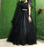 Jute silk lehenga with net bottomwear and dupatta, semi-stitched in black, perfect for Indian traditional wear