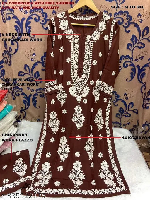 Embroidered rayon Chikankari work kurti with palazzo, traditional wear for women in multiple sizes (M-6XL), featuring three-quarter sleeves and 14 kg total weight