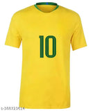 Brazil yellow Neymar 10 jersey, football t-shirt with World Cup 2022 print on polyester fabric, close-up view