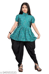 Girls Festive Printed Party Kurta & Dhoti Pant Set, crepe fabric, calf length anarkali with short sleeves, 6-12 years sizes available, Indian origin