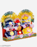 Hand-crafted ceramic idols of Jagannath, Balabhadra, and Devi Subhadra, Indian artifact showpiece for home decoration (26cm L x 10cm H)