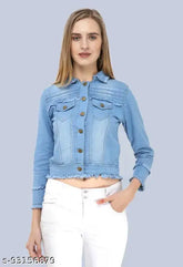 Women's solid denim full sleeve jacket, long sleeves, trendy and comfortable, quality denim fabric, suitable for all seasons and occasions, made in India