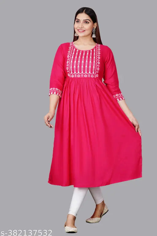 Vibrant pink rayon Anarkali Kurta with three-quarter sleeves, traditional Indian wear for women