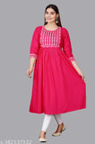 Vibrant pink rayon Anarkali Kurta with three-quarter sleeves, traditional Indian wear for women