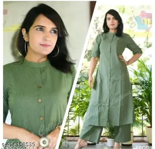 Green Katha cotton fabric coord set with two side pockets, short-sleeved Indian kurta and bottomwear