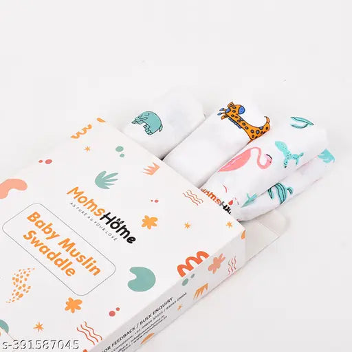 Organic cotton muslin swaddle gift set (3 items), multi-colored animal print for newborns, premium quality and breathable