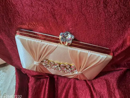 Rose gold embroidered net clutch bag, fabric hand purse for bridal wedding, free size (10x11 in)