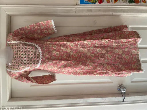 Three-Quarter Sleeve Printed Cotton Flared Umbrella Kurti, Indian embroidery and lace work on traditional Indian attire