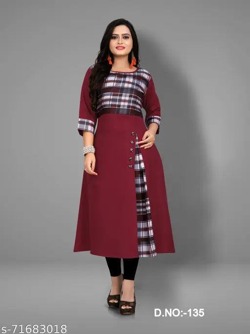 Women's casual printed front slit cotton blend kurti, three-quarter sleeves, checked pattern, low rate, low price, kurti party wear, women's cotton kurti, India origin