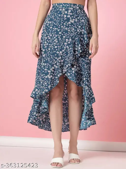 Blue crepe A-line skirt with floral print and ruffles, high low wrap style, elastic waist. OOMPH women's fashion, India origin