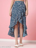 Blue crepe A-line skirt with floral print and ruffles, high low wrap style, elastic waist. OOMPH women's fashion, India origin