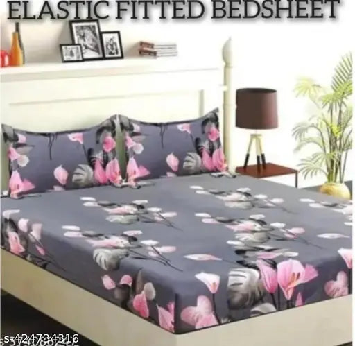 White and linen, superfine floral double bed sheets with 2 pillow covers - trendy elastic fitted cotton for summer, origin India