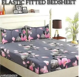 White and linen, superfine floral double bed sheets with 2 pillow covers - trendy elastic fitted cotton for summer, origin India