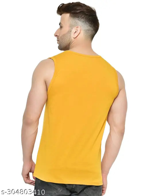 Mustard cotton blend sleeveless T-shirt for men, India-made, eye-catching print on round neck design