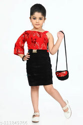 Viscose kids party wear dress with handbag, self-design net pattern, suitable for 2-3 years (14in bust, 17in length). India origin