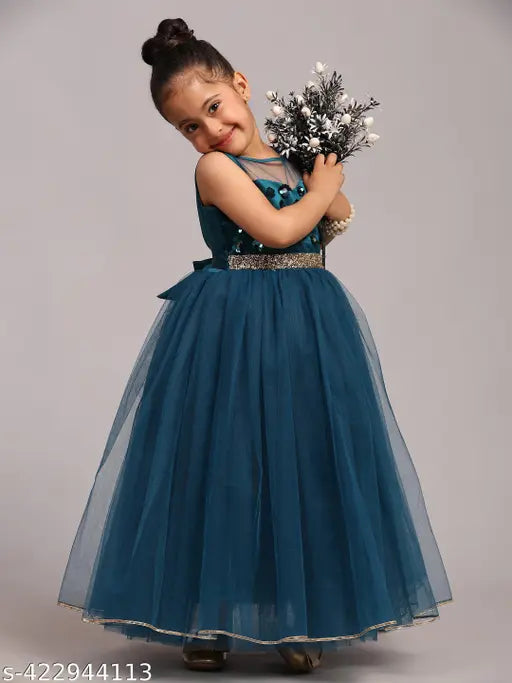 Teal blue net party dress for kids, embroidered with toy balloons, sizes 1-9 years