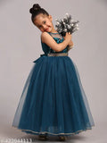 Teal blue net party dress for kids, embroidered with toy balloons, sizes 1-9 years