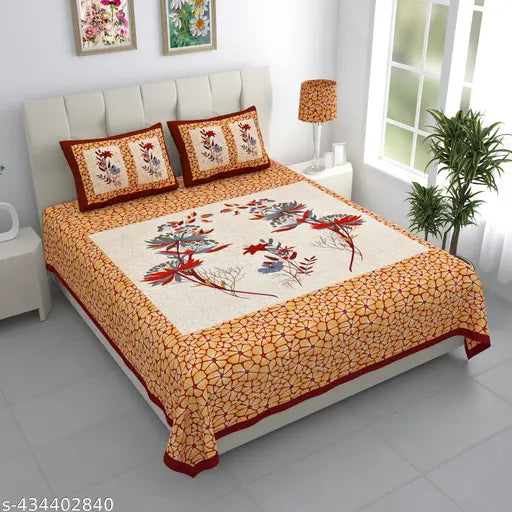 White Jaipuri-patterned pure cotton double King bedsheet set with 2 pillow covers, 144 thread count - ideal for AC rooms, adult use