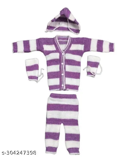 Purple wool winter set for baby boys & girls, hand-knitted with striped patterns and matching caps in various sizes