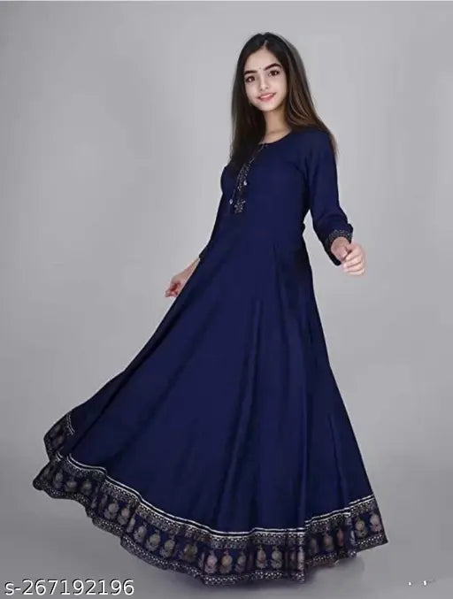 Navy blue rayon three-quarter sleeve solid kurta, Indian women's fashion in regular fit, perfect for casual wear and events