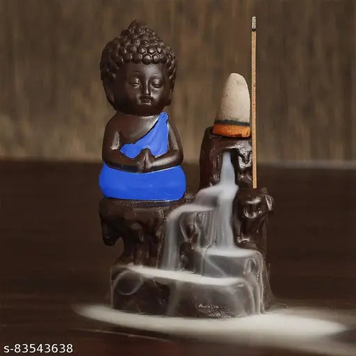Blue Buddha Incense Holder, poly resin Buddha statue for home decor with backflow design and 10 free scented cones