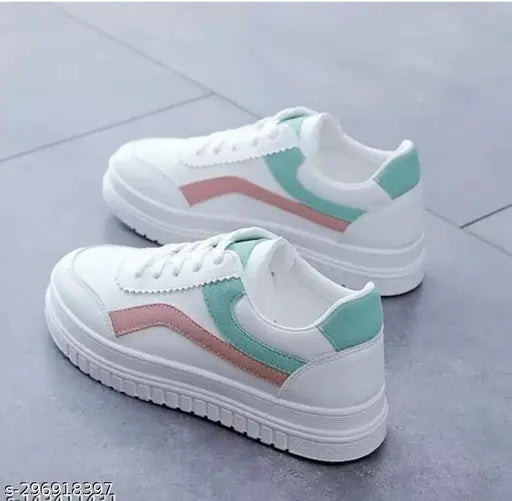 White synthetic casual sports sneakers for kids and women, lightweight and breathable, lace-up design, made in India