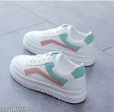 White synthetic casual sports sneakers for kids and women, lightweight and breathable, lace-up design, made in India