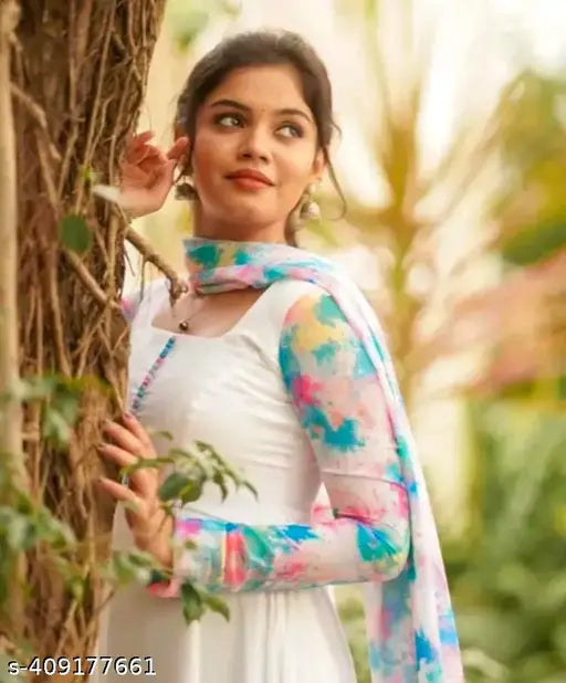 White georgette printed kurti set with dupatta, pastel shades, India