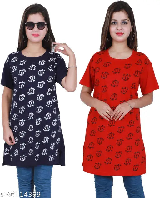 Trendy custom-printed oversize women's cotton t-shirts combo pack of 2, featuring short sleeves and vibrant designs in sizes L (40in bust), XL (42in bust), and XXL (44in bust)