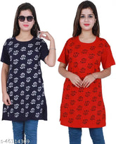 Trendy custom-printed oversize women's cotton t-shirts combo pack of 2, featuring short sleeves and vibrant designs in sizes L (40in bust), XL (42in bust), and XXL (44in bust)