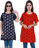 Trendy custom-printed oversize women's cotton t-shirts combo pack of 2, featuring short sleeves and vibrant designs in sizes L (40in bust), XL (42in bust), and XXL (44in bust)