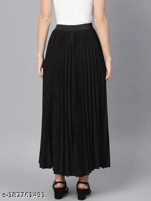 UF black pleated skirt, solid net polyester, women's size 28-42, India origin