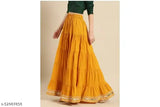 Yellow rayon plain Western skirt for women, trendy ethnic fashion by Designer Unique, size 36 (waist 28 in, length 39 in, hip 50 in), India origin