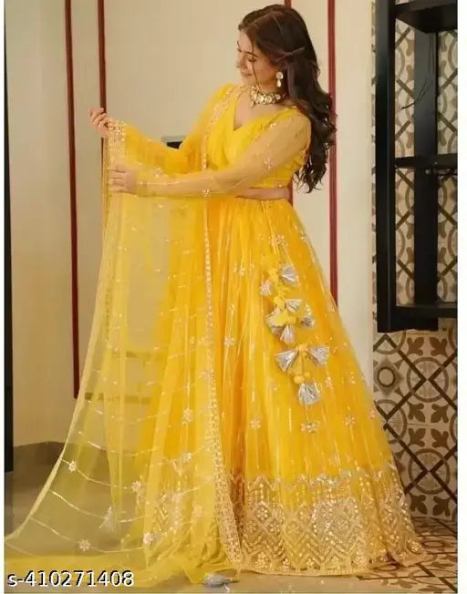 Trendy yellow embroidered lehenga-choli and dupatta set on hanger, semi-stitched with waist size 44in and length 42in