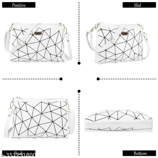 Women's white and black geometric design sling bag with adjustable belt, spacious compartment, and multi-utility pockets. PU material, perfect for college and office use