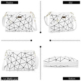 Women's white and black geometric design sling bag with adjustable belt, spacious compartment, and multi-utility pockets. PU material, perfect for college and office use