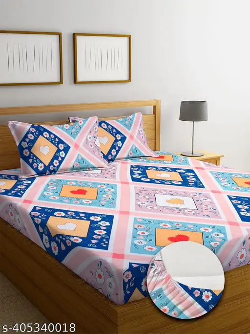Premium cotton blend, elastic King size fitted bedsheet with 2 pillow covers (72x78 +9 inches), botanical pattern