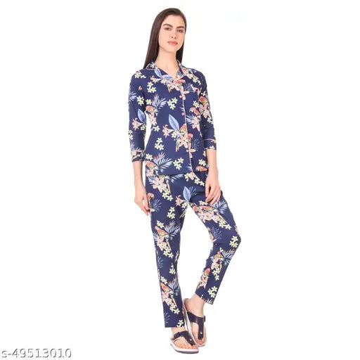 Mysaa clothing women's cotton printed night suit set with three-quarter sleeves, rayon slub fabric, and vibrant prints