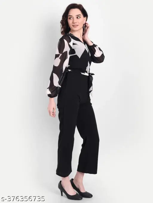 Georgette retro jumpsuit, printed net, long sleeves, XS bust 34", waist 30