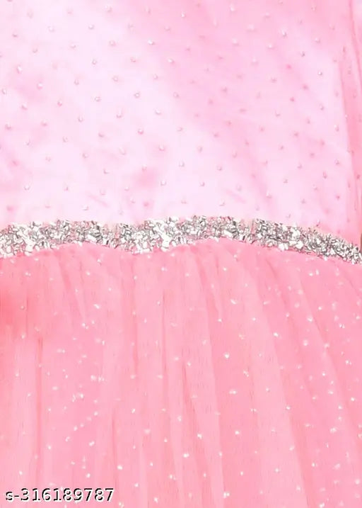 Pink net knee length girls party dress, embellished toy balloon design for 1-2 years