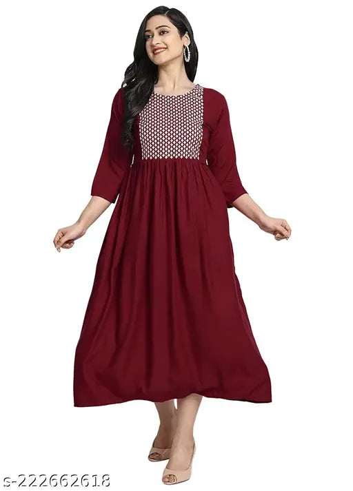 Maroon Rayon long flared kurta with thread embroidery, modern Indian partywear