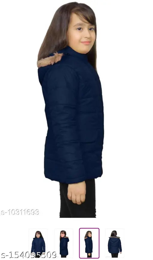 Stylish fur winter jacket for baby girls, nylon sleeves with warm inner material. Self-designed net pattern, sizes range from 12-18 months to 5-6 years