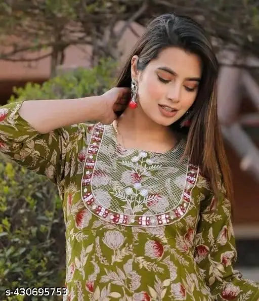 Rayon printed anarkali kurti with three-quarter sleeves, ideal for parties and festivals, featuring intricate embroidery on a colorful design