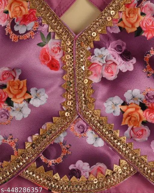 Trendy Chanderi silk and net floral lehenga-choli set with dupatta for kids, featuring short sleeves and 3 sizes (1-2yrs, 2-3yrs, 3-4yrs)