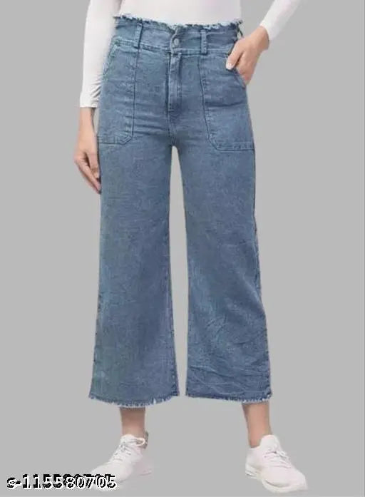 Navy blue knitted denim high waist flared jeans for women, straight wide leg design, non-stretchable, latest trend