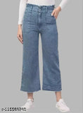 Navy blue knitted denim high waist flared jeans for women, straight wide leg design, non-stretchable, latest trend