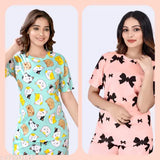 Premium quality polycotton women's night suit set, printed digital design with half sleeves and shorts. Soft fabrics suitable for all women, no iron required, wrinkle free." (120 characters)