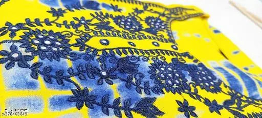 Yellow embroidered Rayon Straight Tie, three-quarter sleeves, dyed/washed combo. Large size Indian kurti with affordable pricing." (124 characters)