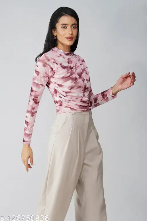 Green and beige printed mesh top, full sleeves round neck, made from super net for women's fashionable outfits